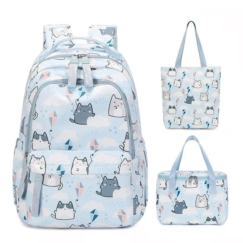 Kawaii Cats with Kites Backpack – Waterproof Polyester Bag | Medium & Large Sizes