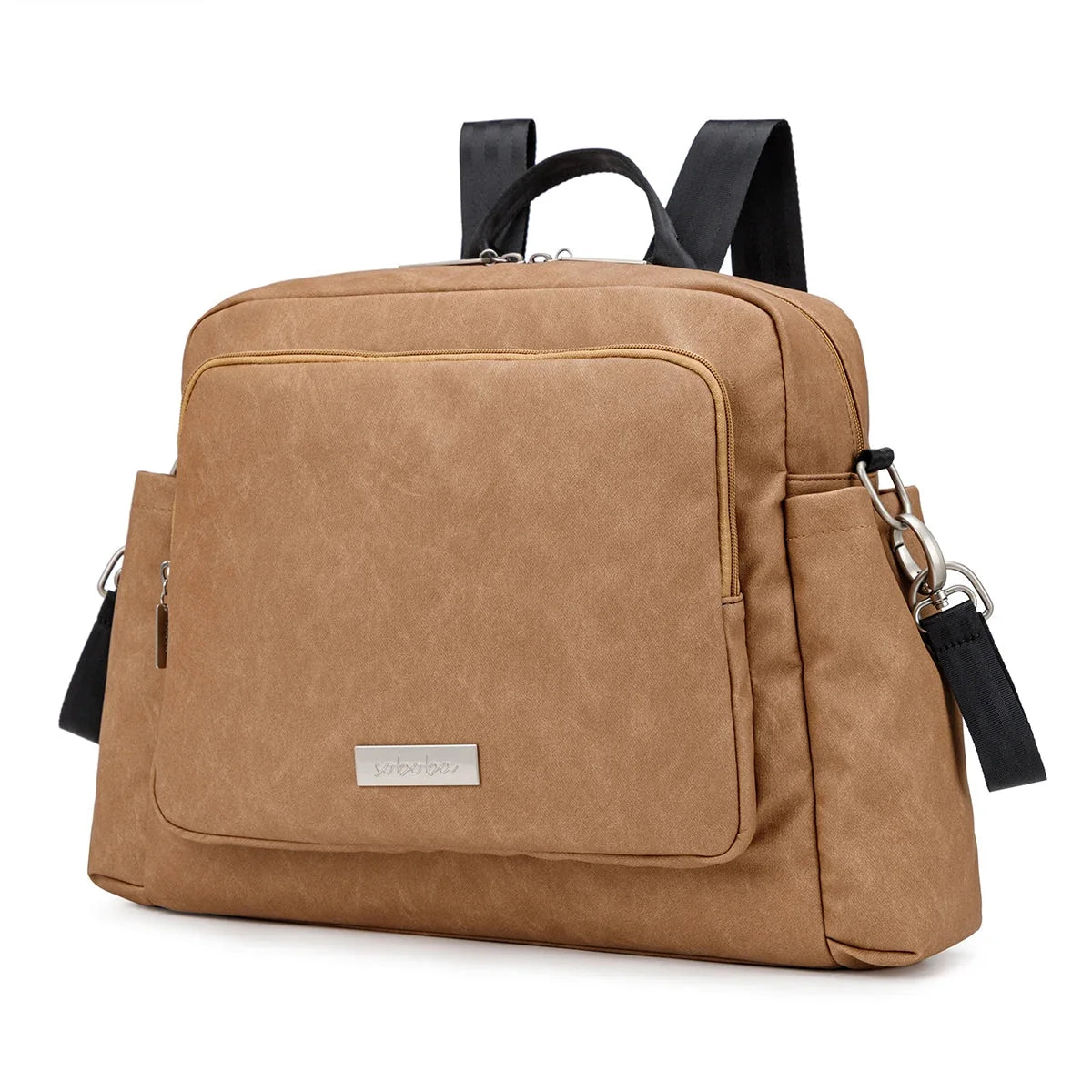 Brown diaper bag backpack with front flap pocket and adjustable shoulder straps