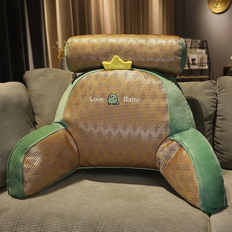 Green and beige plush reading pillow with “Love Baby” character print