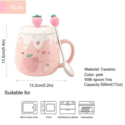 Pink ceramic mug size chart: 13.2 cm, 500 ml; lid and spoon included