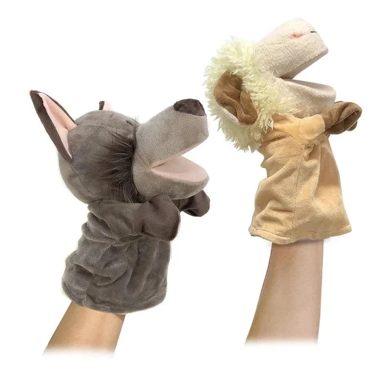 Stuffed elephant and tan animal finger puppets, soft plush hand figures