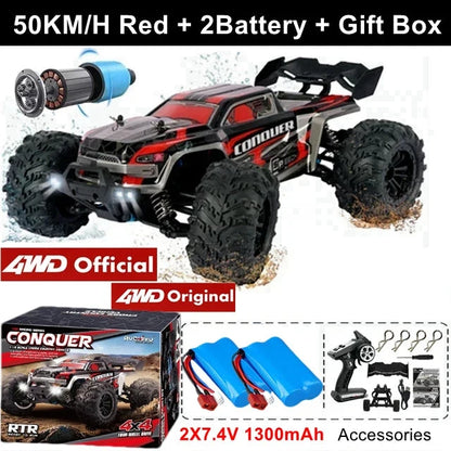 Red 1:16 4x4 RC off-road truck with black tires and front suspension