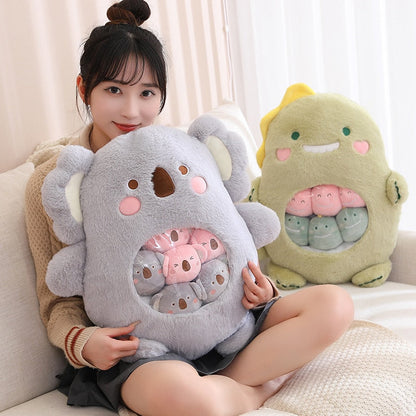Plush animal shaped pillow in light grey, bear face with rainbow-like inner pattern