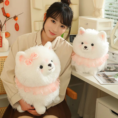 Kawaii Pretty Pomeranian Plushie – Fluffy White Dog with Pink Ruffle Collar | 31cm, 37cm & 52cm