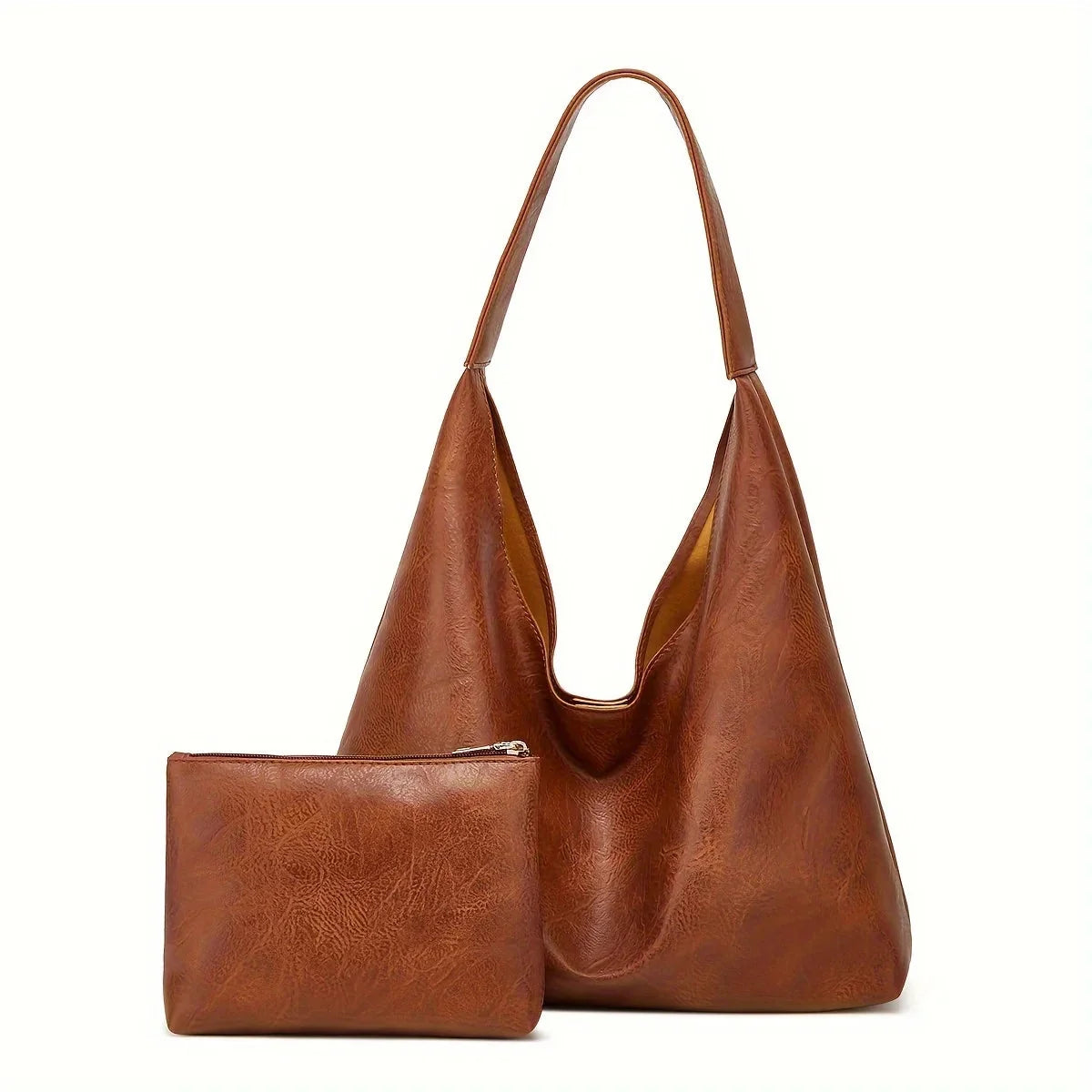 Brown leather-look shoulder tote with matching zip pouch pocket