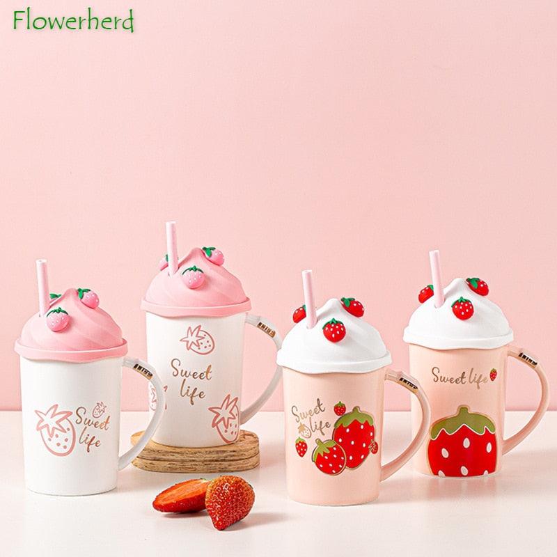 Set of strawberry themed tumbler mugs with lids and clear straws, Sweet life designs