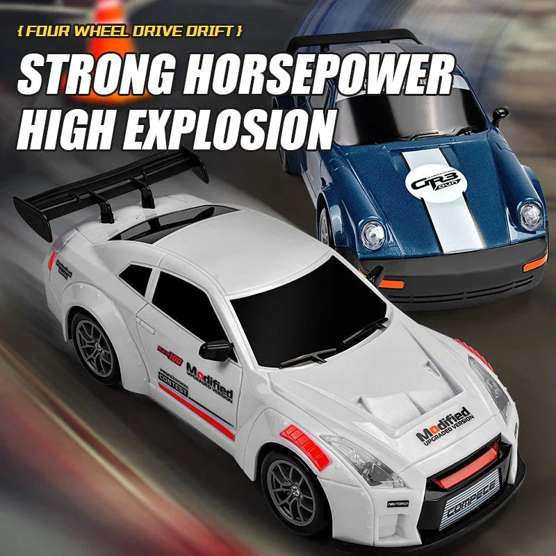 White and blue 4WD RC drift racing cars with sporty front design, high-speed toy vehicles