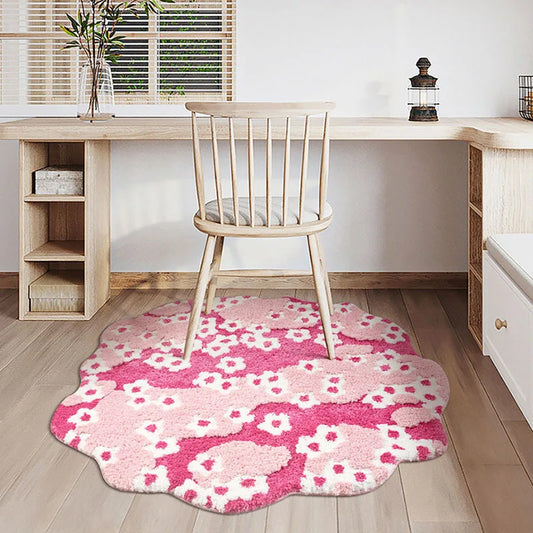 Floral daisy area rug in pink with white flower pattern and small magenta centers