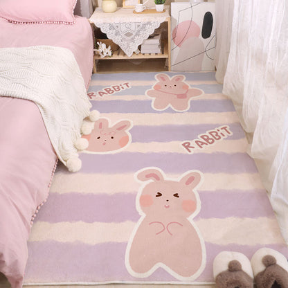 Kids rabbit-themed area rug with purple stripes and pink rabbit outlines.