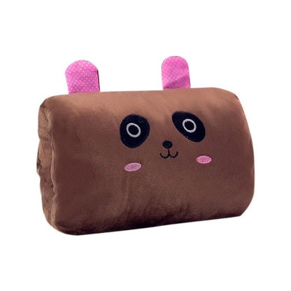 Brown plush hand warmer pillow with cute cat face, pink nose and ear accents