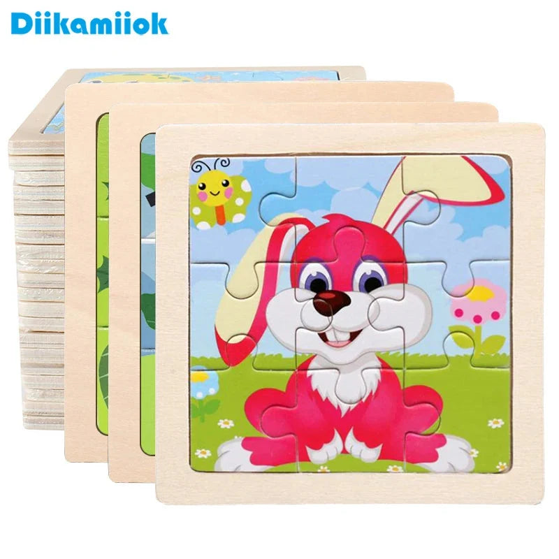 Kids wooden jigsaw puzzle with cartoon red dog, framed board and interlocking pieces
