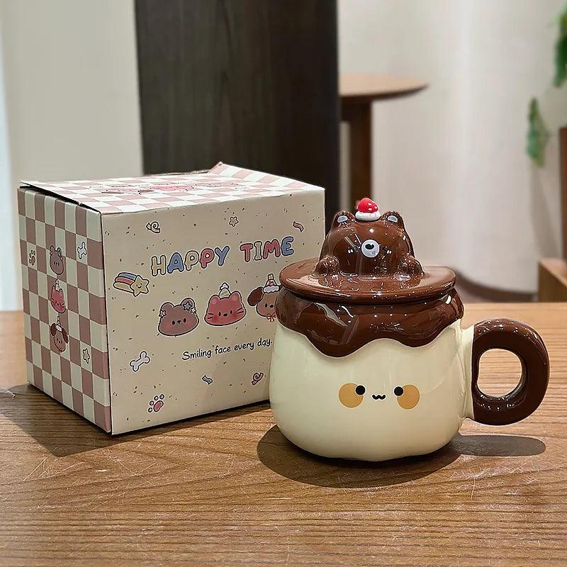 Ceramic animal pudding mug with brown bear lid, cream body and round handle