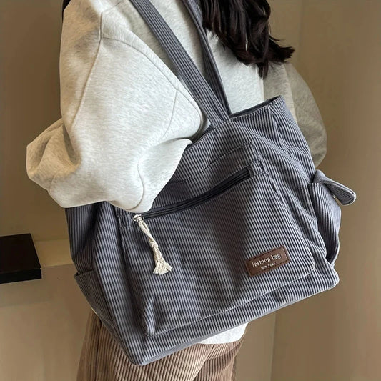 Corduroy tote bag, dark gray with front zipper pocket and tassel keychain