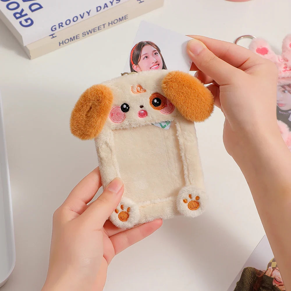 Plush dog photo card holder keychain, beige body with orange ears and a photo window