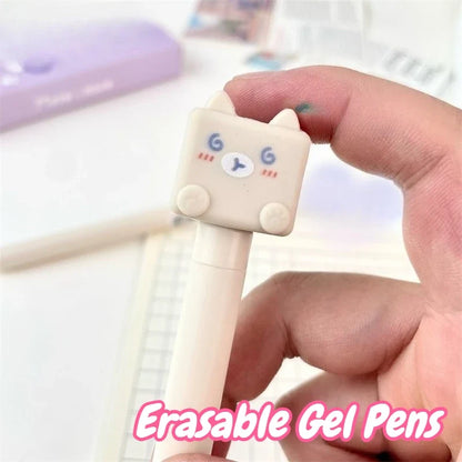 Kawaii Cat Erasable Gel Pens – Cute 4-Piece Stationery Set | Blue Erasable Ink