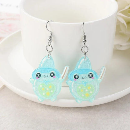 Frog acrylic earrings with light blue frog charms, heart accents, and silver hooks