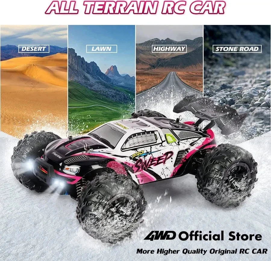 Pink and white 1:16 4x4 RC all-terrain truck with oversized black tires
