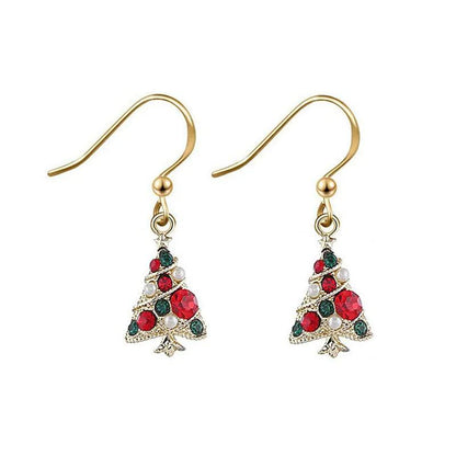 Gold-tone Christmas tree ornament drop earrings with red and green jewel accents