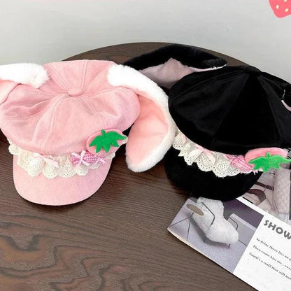 Pink and black bunny hats with strawberry applique and white lace ruffle on the brim