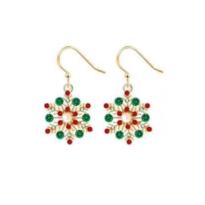 Snowflake drop earrings with gold hooks, red and green bead snowflake charms