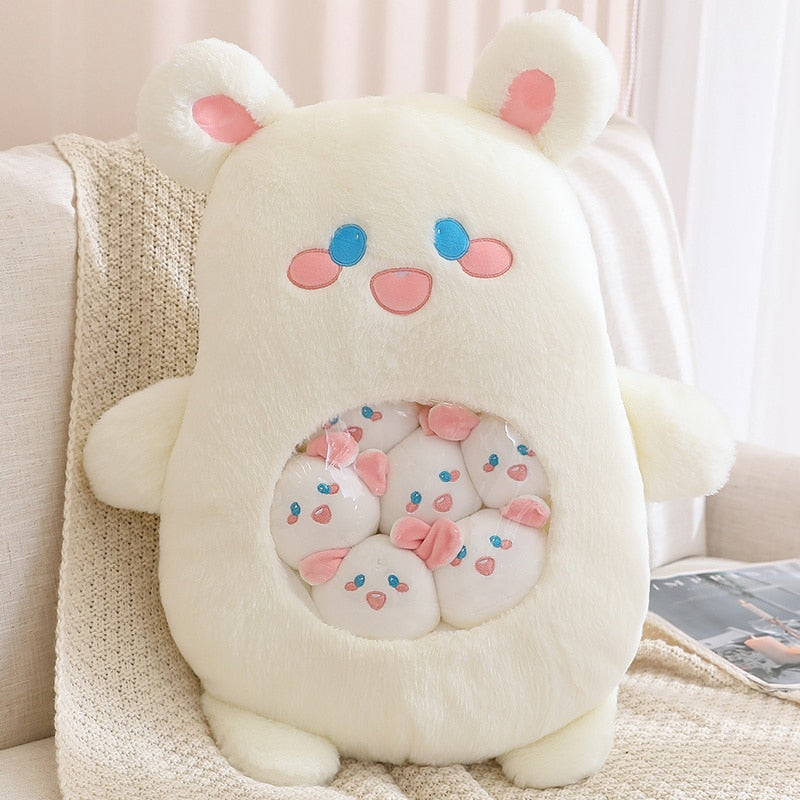 Plush animal shaped pillow in white, cute bear face with blue blush and round inner print
