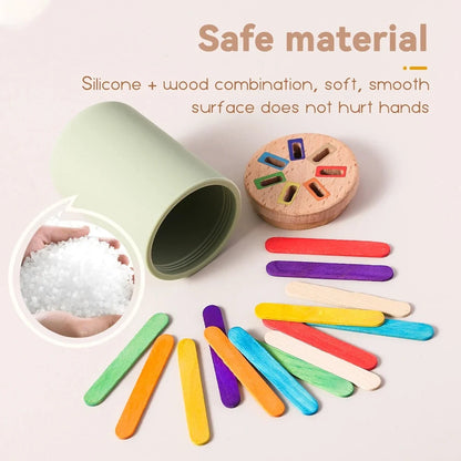 Montessori Colour Sorting Stick & Pot Toy – Wooden Rainbow Sticks, Colour Discs & Holed Lid | BPA-Free | Toddler Learning & Birthday Gift