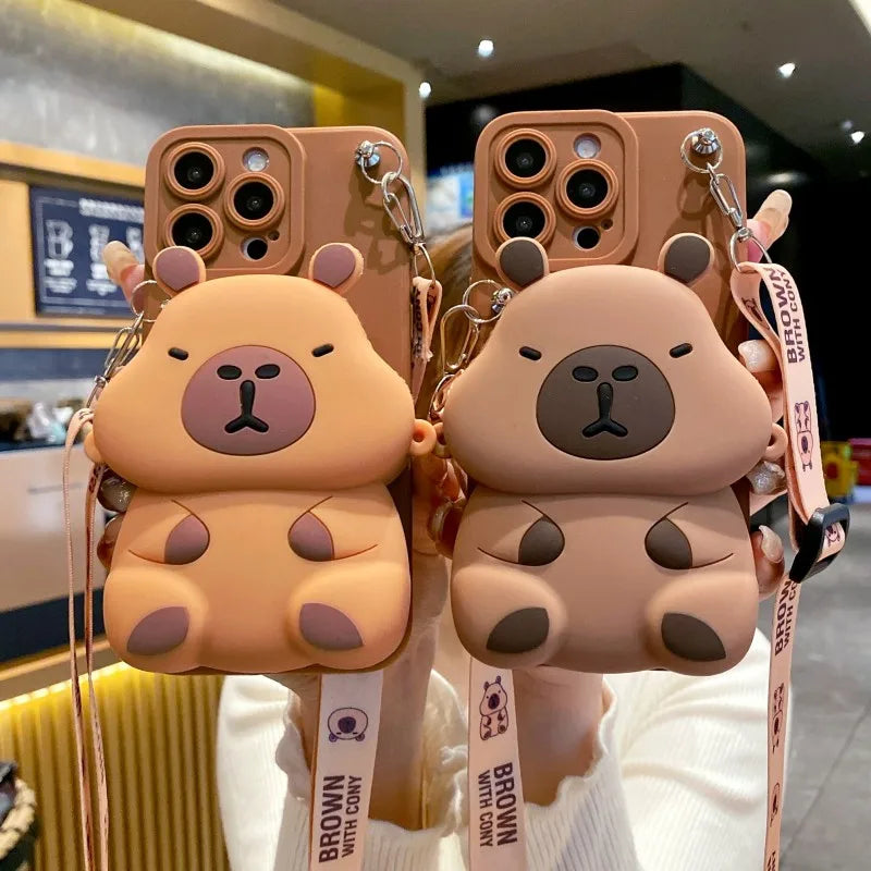 Kawaii Chonky Capybara Samsung Phone Case with Lanyard – Cute Protective Cover | Dark & Light Brown