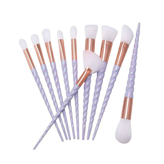 Makeup brush set with light lavender spiral handles, rose-gold ferrules, white bristles
