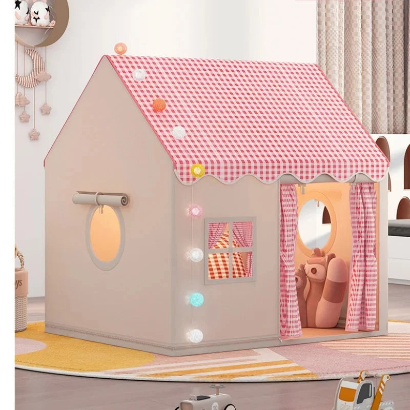 Kids Indoor Play House Tent – Cottage Style with Gingham Roof, Windows & Curtain Door | Foldable | Yellow, Pink, Khaki | Children's Birthday Gift