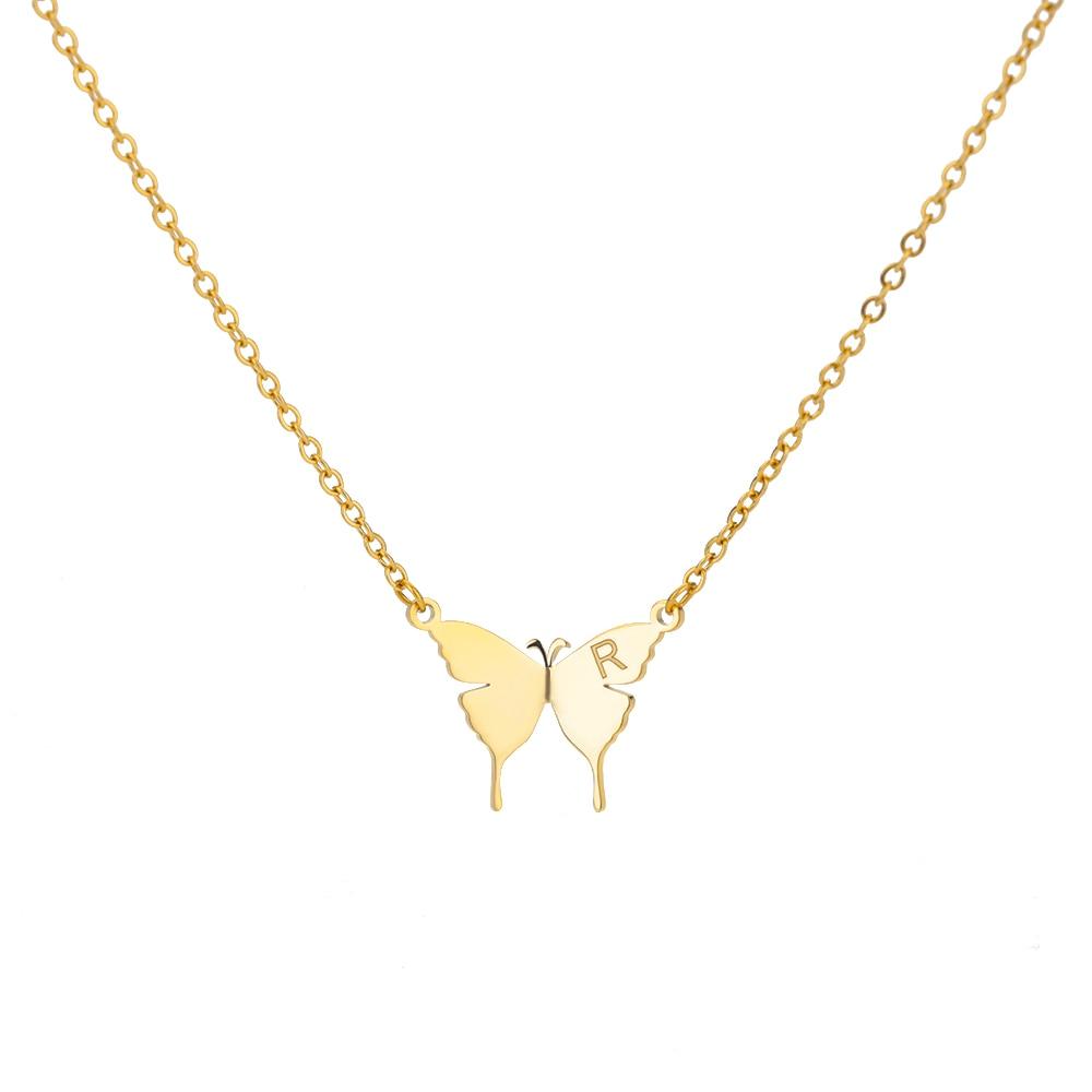 Butterfly pendant necklace with letter R, gold-tone chain