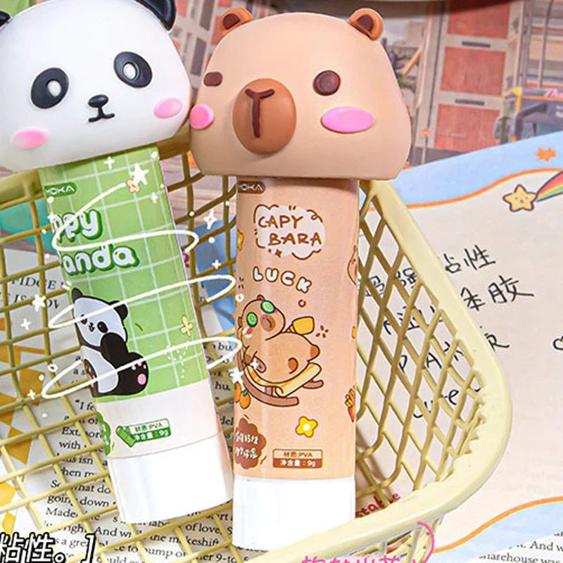 Capybara PVA glue stick with panda character glue stick beside it