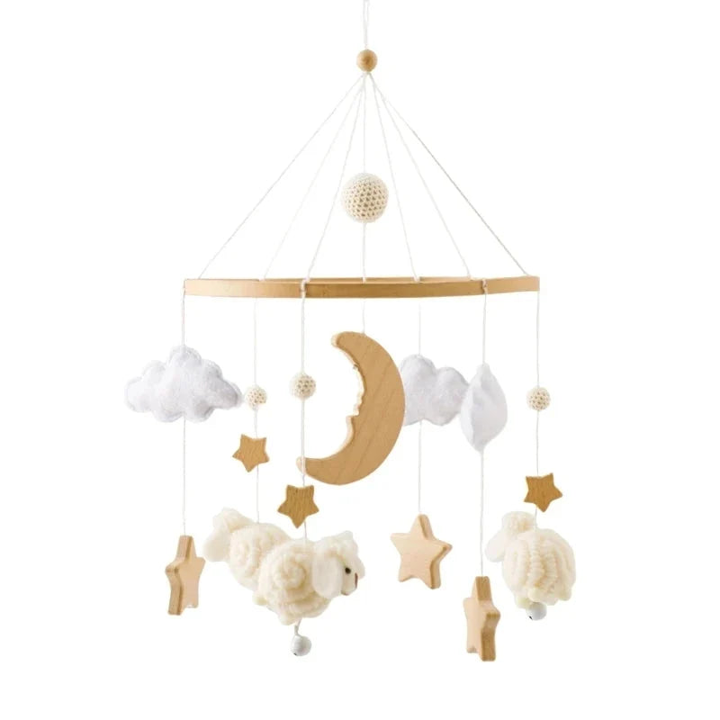 Baby crib mobile with crescent moon, clouds, stars, and knitted plush animals