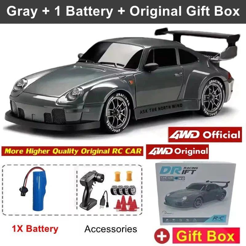 Gray remote control car with white hood stripe, black rear wing, three-quarter front view