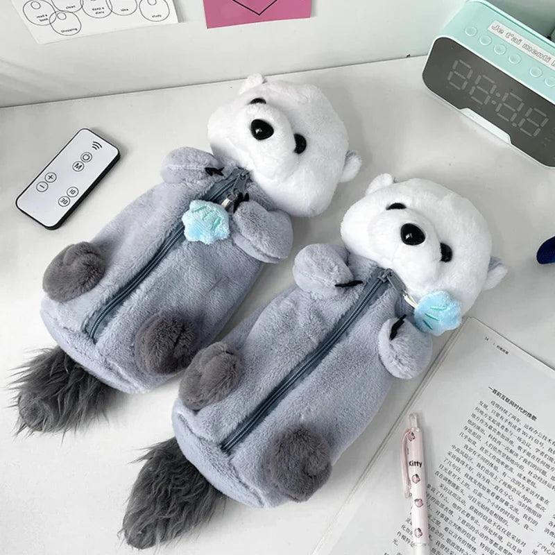 Otter plush pencil case, gray and white with blue star charm and front zipper