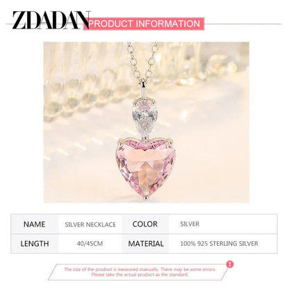 925 sterling silver heart pendant necklace with pink heart and clear top stones