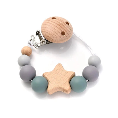 Baby pacifier clip with wooden star teether and silicone beads, gray and teal accents