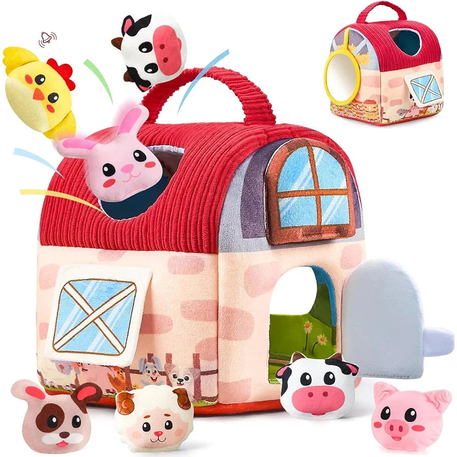 Soft mini barn plush activity toy with handle and attached animal plush pieces