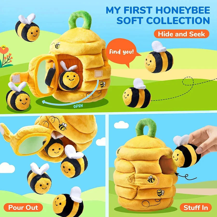 Yellow plush beehive hide-and-seek toy with removable bee figures and dangling wing accents