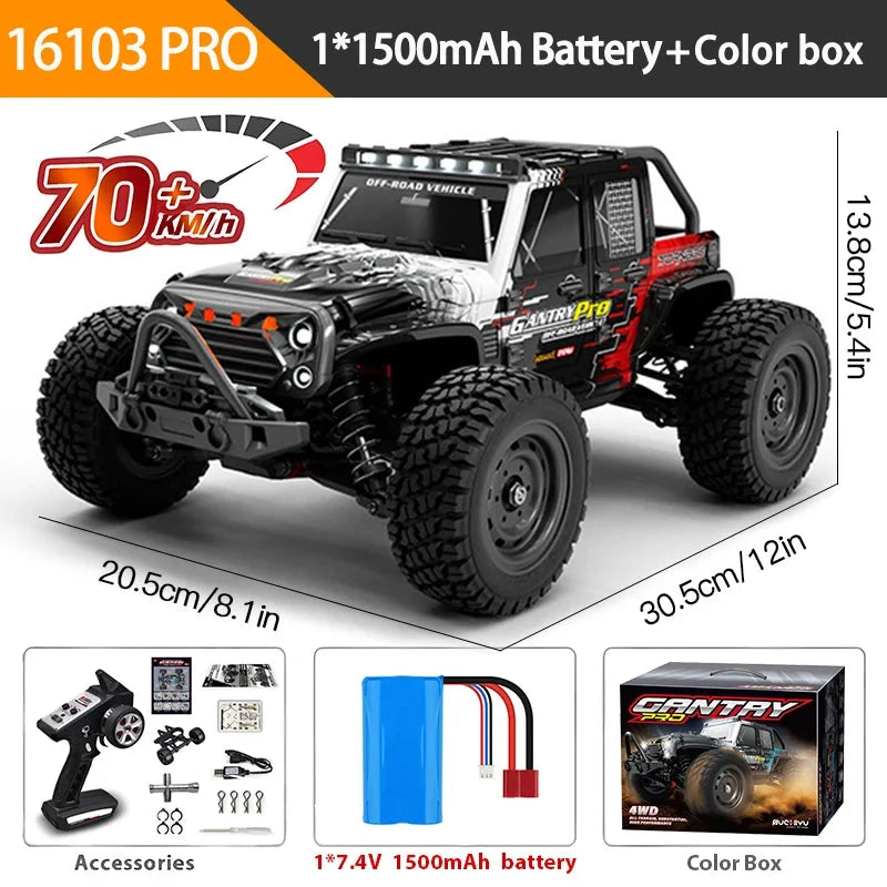 Speed RC monster truck in black and red with large off-road tires and LED headlights