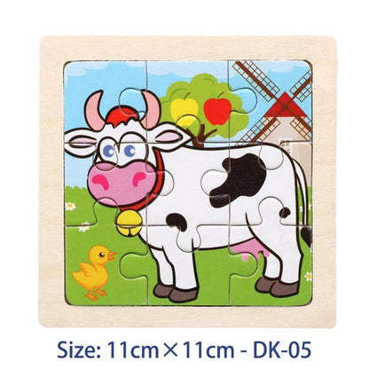 Kids wooden jigsaw puzzle tile set, cow farm theme, 11x11 cm