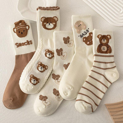 Teddy bear crew socks set, white with tan bear faces and scattered icons