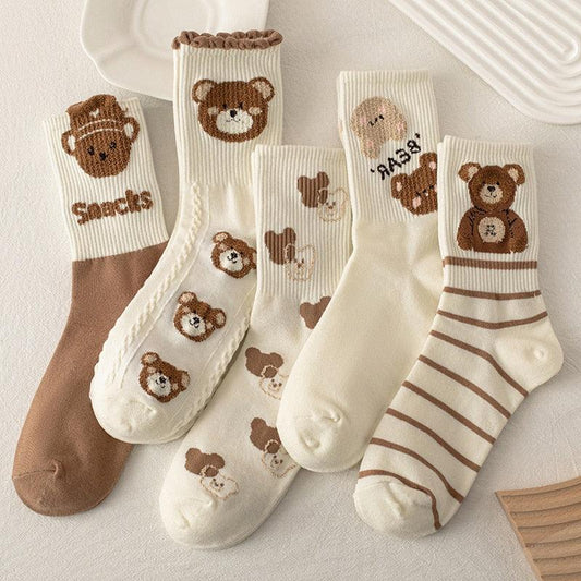 Teddy bear crew socks set, white with tan bear faces and scattered icons
