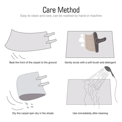 Area rug care method infographic showing hand and machine cleaning steps.