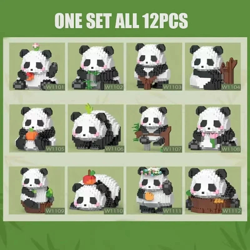 Mini panda building block figures, black-and-white pandas, all 12 piece set