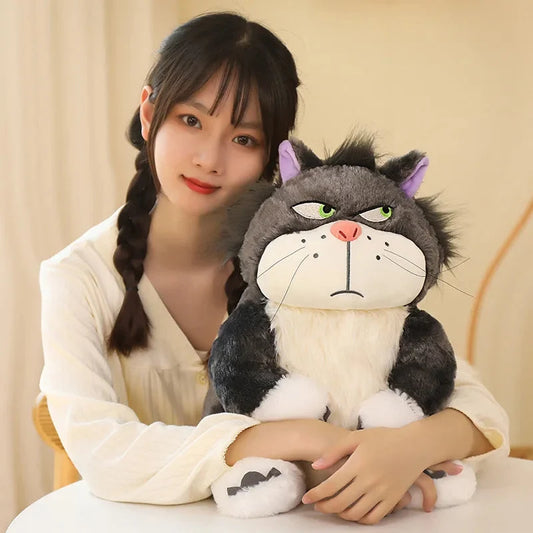 Plush cat doll, dark gray with green eyes, purple ears, white belly, red nose