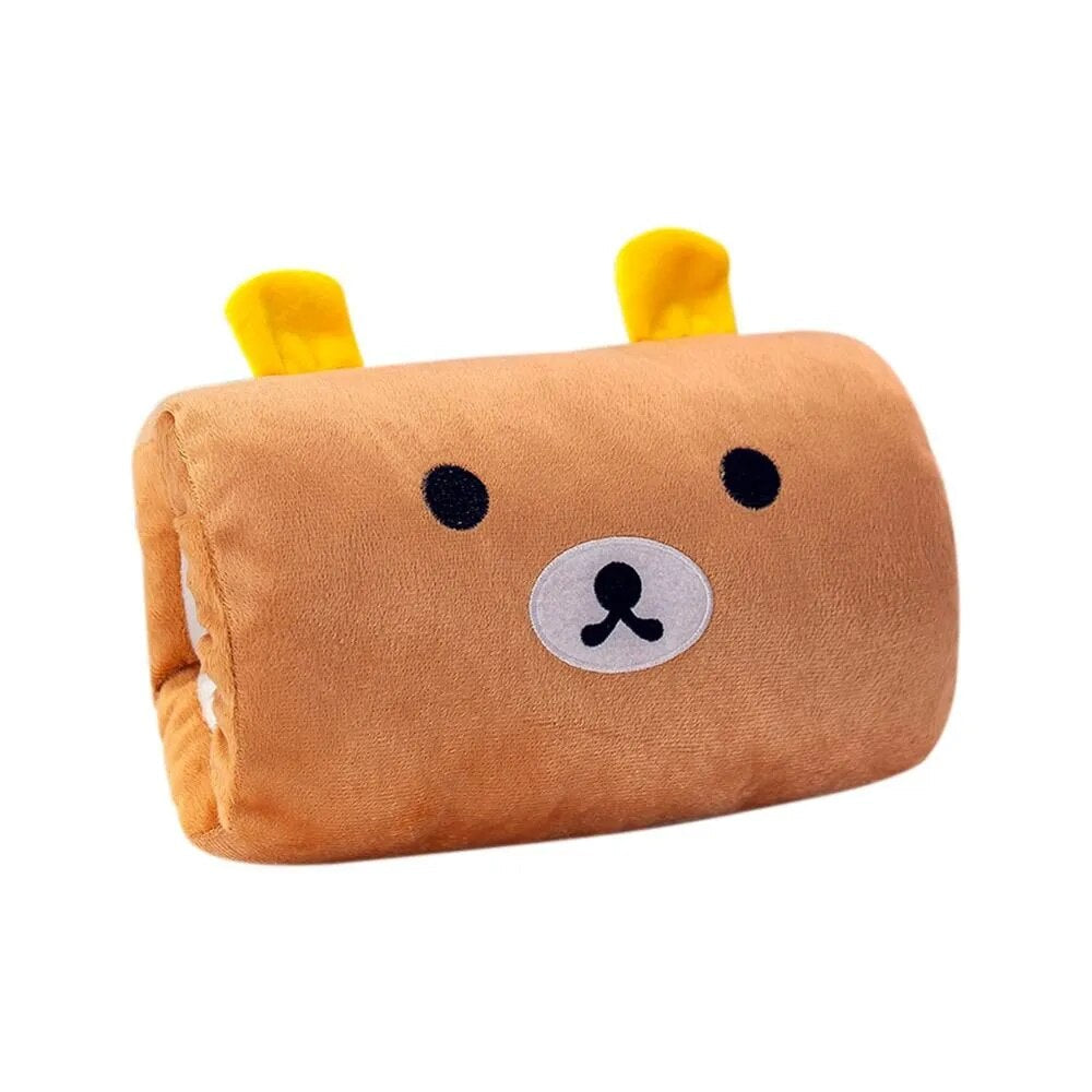 Plush hand warmer pillow, tan brown bear face with yellow ear tabs