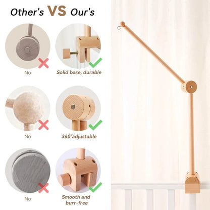 Wooden crib mobile holder with round base and 360° adjustable arm design