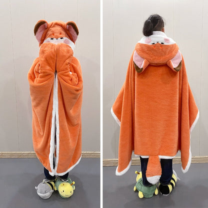Orange fox blanket hoodie worn over clothes, showing full back cape and hood
