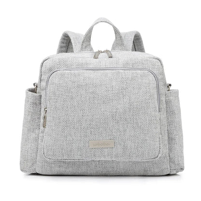 Gray waterproof diaper bag backpack with front zip pocket and top carry handles