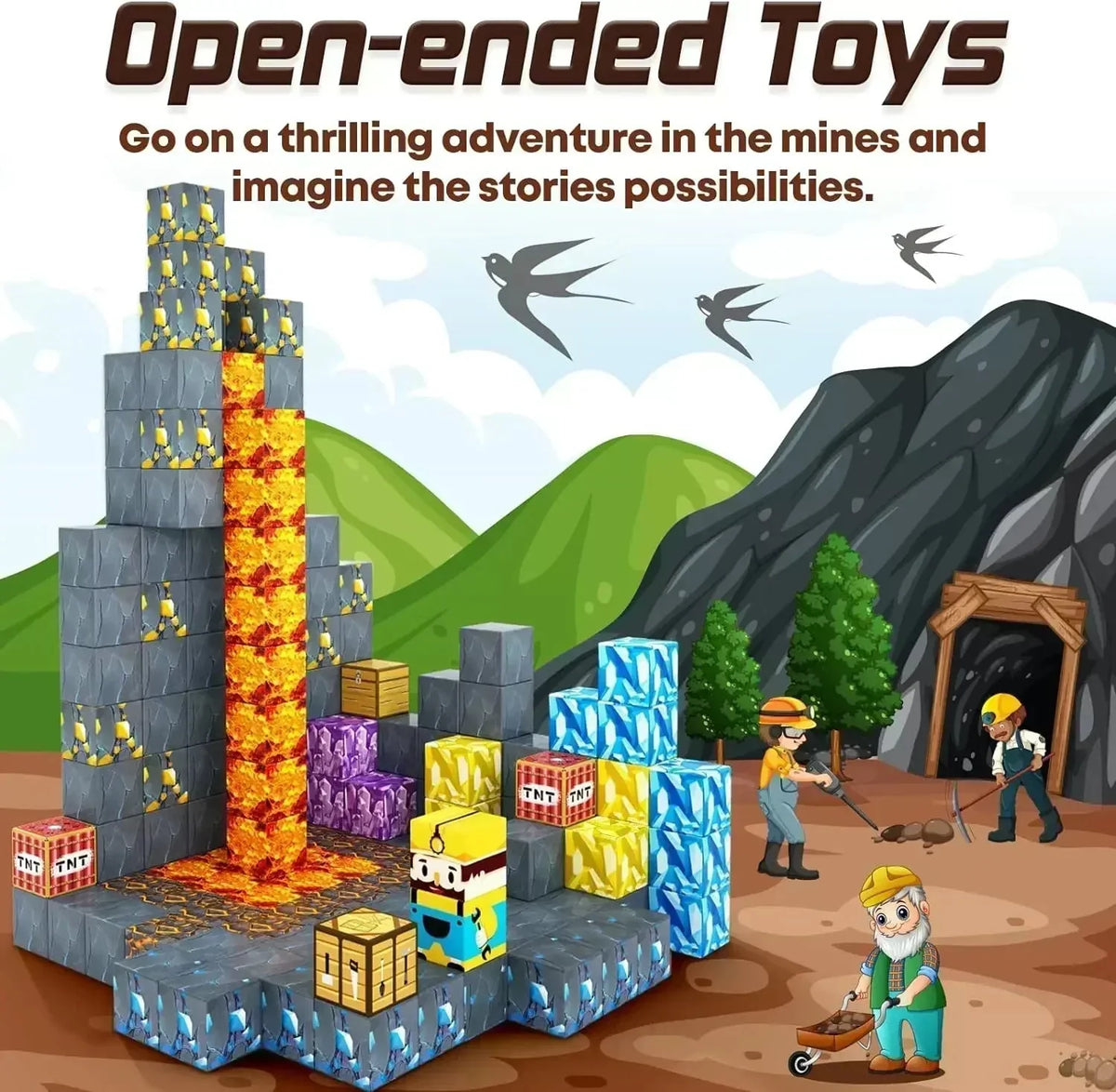 Magnetic cube building blocks set assembled into a mine scene with stone and crystal cubes